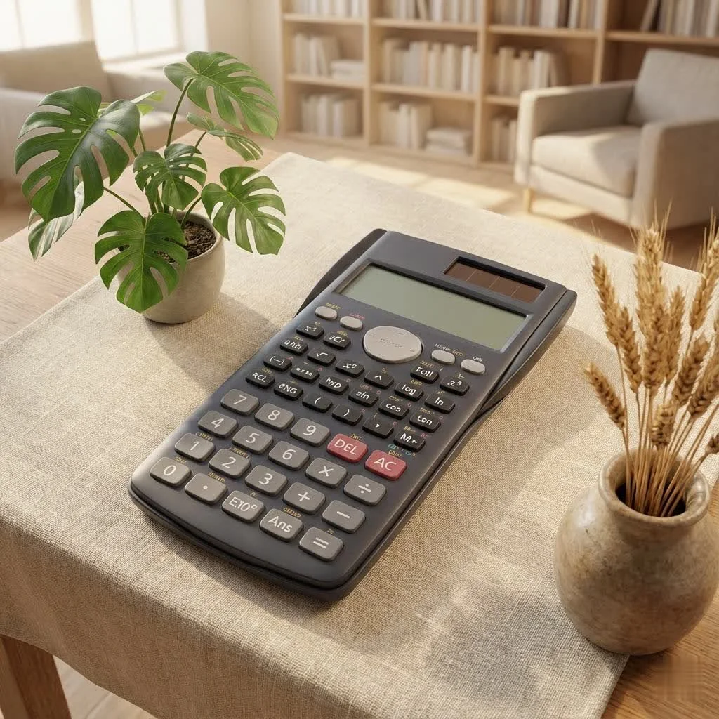 White scientific calculator on a desk