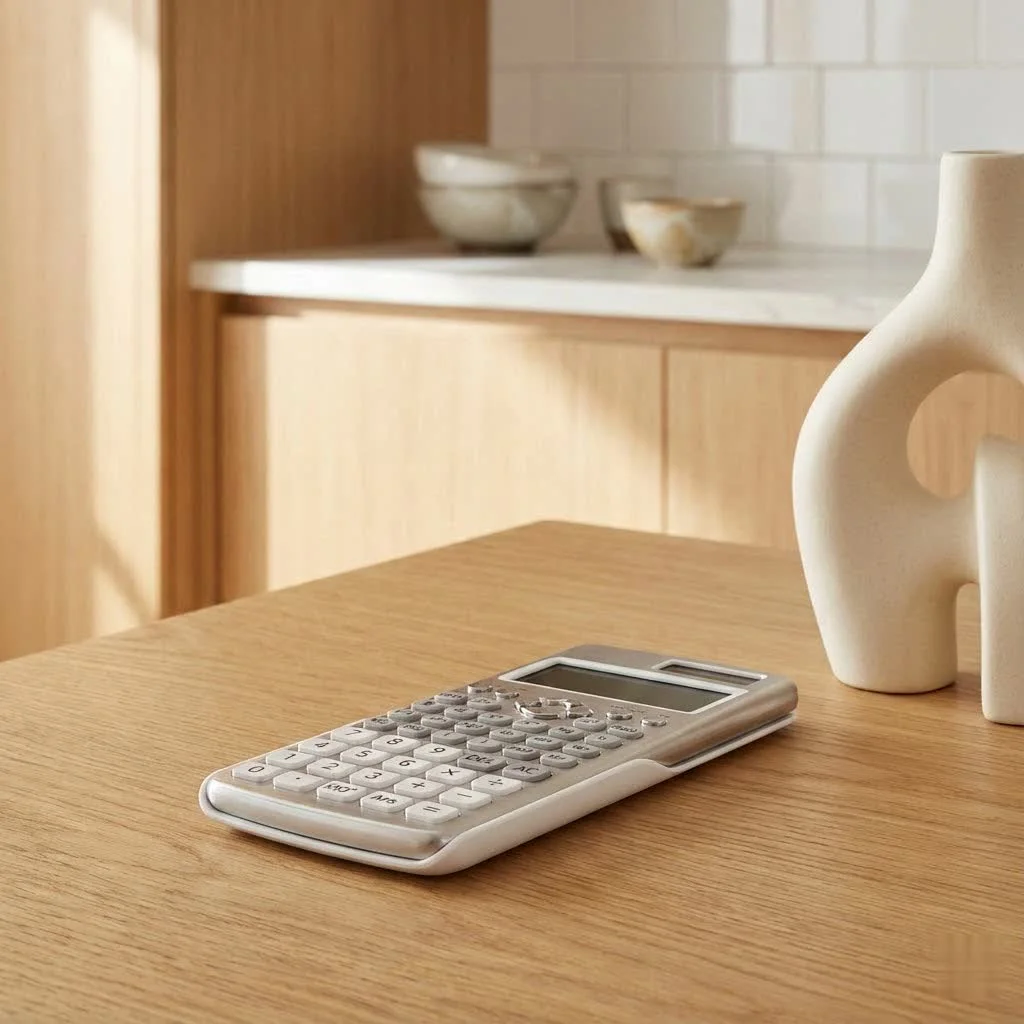 Non-programmable scientific calculator displaying complex equations