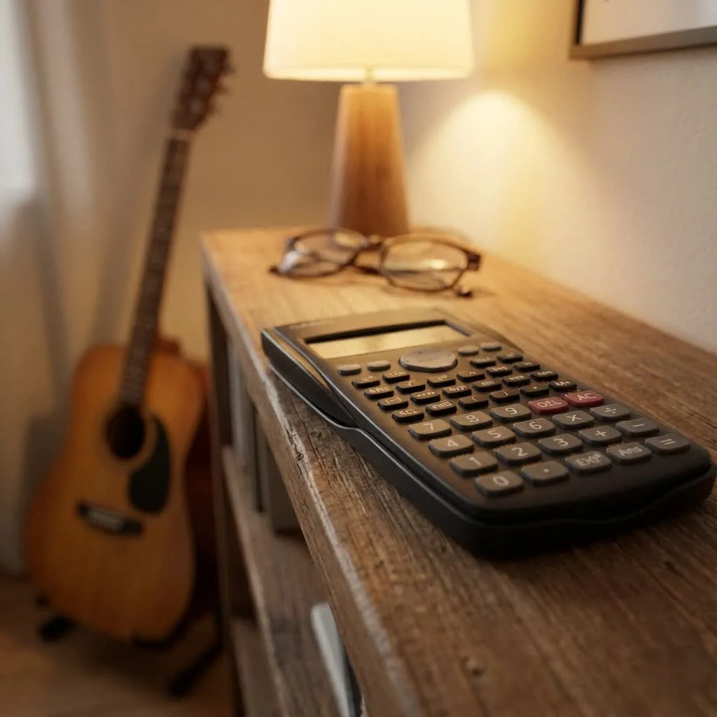 Casio fx-991EX scientific calculator with its display showing a complex equation